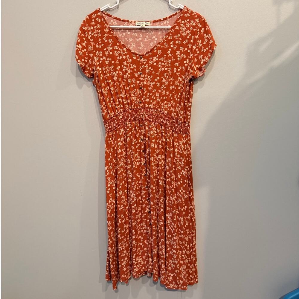 Indigo Rose Rust Ditsy Floral Smocked Waist Midi Dress Boho Cottagecore Size L